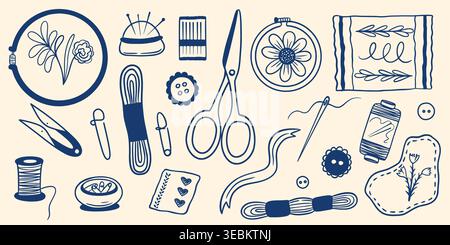Embroidery and sewing hand-drawn kit. Doodle-style illustrations on theme of creativity, handicrafts and hobbies. Set includes thread, embroidery Stock Vector