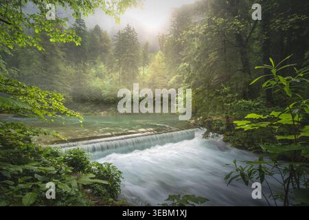 View of a serene river cascading over a small weir, its emerald waters flowing through a vibrant, misty forest bathed in ethereal sunlight, Stahovica, Stock Photo