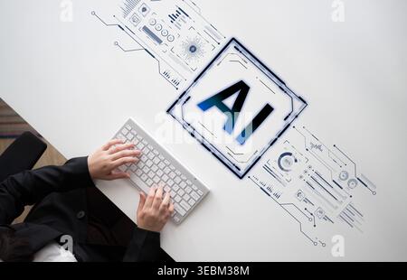 A futuristic user interface for business intelligence. This advanced AI dashboard displays complex data analysis, charts, and graphs for strategic Stock Photo