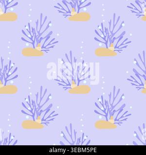 Pattern of hand-drawn purple corals and sea bubbles on lavender background for nursery decor, kids apparel, bathroom accessories and summer beachwear Stock Vector