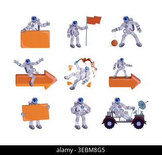 Funny astronaut actions and space activity cartoon flat illustrations set Stock Vector