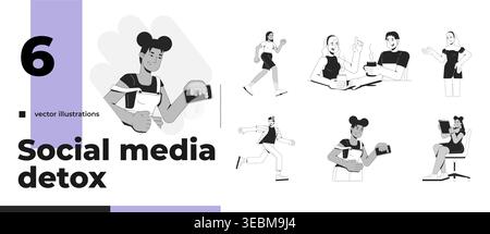 Young people engaging in offline activities outline illustrations bundle Stock Vector