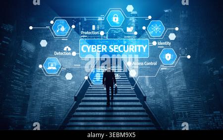 Professional Walking Upstairs Towards Cyber Security Concept with Digital Icons Representing Protection, Detection, Identity, and Access Control in a Stock Photo