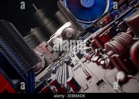 Spinning fans on motherboards with graphic card and processor. Detailed hardware components and high-tech setup. Stock Photo