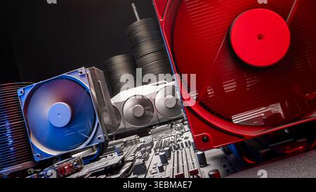 Detailed view of motherboards as server or data center. Detailed hardware components and high-tech setup. Stock Photo