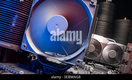 Working motherboards as server or data center. Detailed hardware components and high-tech setup. Stock Photo