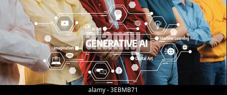 Diverse Group of People Standing Together with Generative AI Concepts Displayed, Emphasizing Technology, Creativity, and Machine Learning in Modern Stock Photo