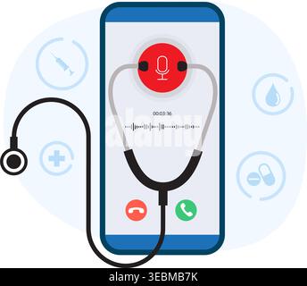 Modern telehealth concept showing a mobile voice call interface with a digital stethoscope and healthcare service icons.. Stock Illustration. Stock Vector