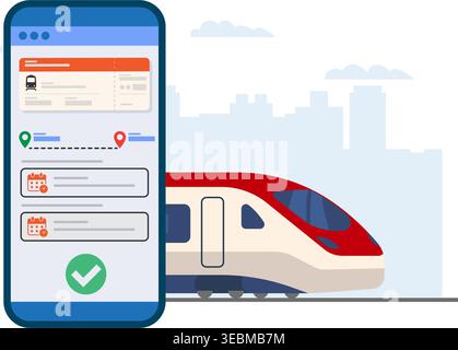 A modern mobile application interface for booking fast train tickets with a city skyline background. Stock Illustration. Stock Vector