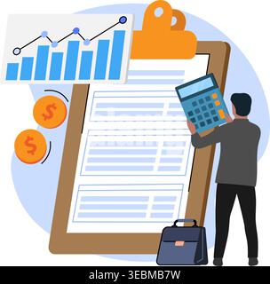Flat vector of an accountant managing budget reports and market trends with a calculator and charts. Stock Illustration. Stock Vector