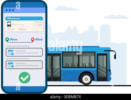 Mobile application UI for booking bus tickets online featuring a modern blue city bus and route selection interface. Stock Illustration. Stock Vector