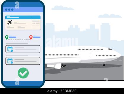 Smartphone displaying digital flight ticket booking with airplane on runway background, travel and aviation concept design. Stock Illustration. Stock Vector