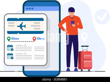 Flat vector illustration of a traveler with luggage using a mobile app to manage airline bookings and boarding passes. Stock Vector