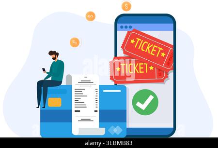 Man using a smartphone for easy online ticket booking, secure credit card payment, and digital receipt confirmation. Stock Vector