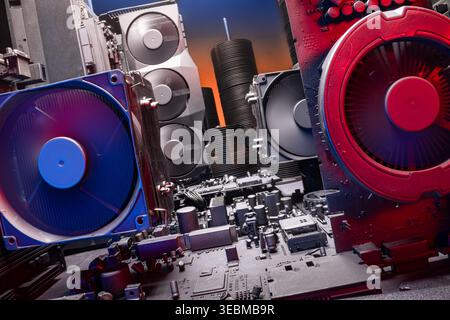 Spinning fans on motherboards with large cooling radiator and fans. Camera moves rotating along hardware components. Working motherboards, graphic car Stock Photo