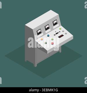 Isometric industrial control desk panel vector illustration. Factory automation console with analog gauges, colorful push-buttons, and display Stock Vector