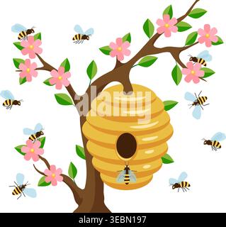 Yellow bee hive hanging on a tree Stock Vector