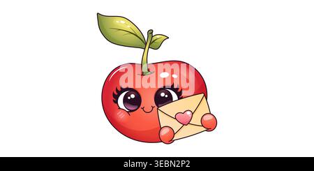 Cherry mascot character cute kawaii fruit holding love letter envelope isolated on white background Stock Vector