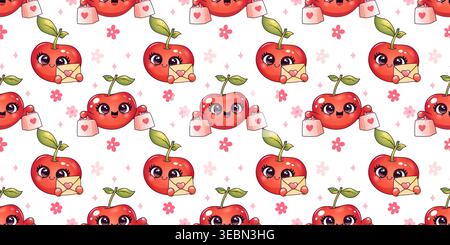 Seamless pattern with cute cherry mascot kawaii fruit holding love letter and shopping bags on light background Stock Vector