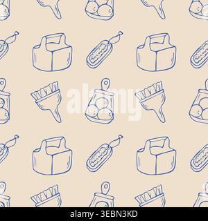 Hand drawn doodle cleaning supplies seamless pattern with brushes and detergent Stock Vector