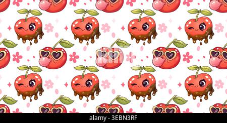 Seamless pattern with cute cherry mascot kawaii fruit in chocolate and chewing bubble gum on light background Stock Vector