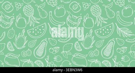 Berries and fruits in doodle sketch style seamless pattern. Hand-drawn white outlines of organically grown food products on green background. Healthy Stock Vector