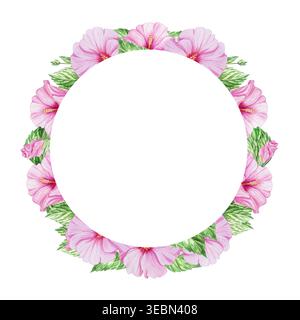 Beautiful pink hibiscus flowers, leaves and buds in a round watercolor frame. Hand drawn tropical blooming plant clip art for summer botanical designs Stock Photo