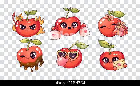 Cherry mascot character cute kawaii fruit sticker set with different emotions love shopping and gifts isolated on transparent background Stock Vector