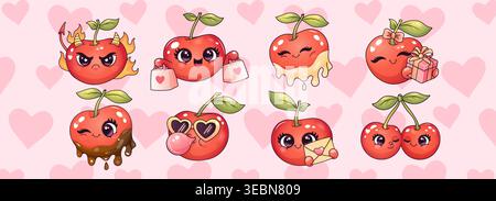 Cherry mascot character cute kawaii fruit sticker set with emotions love hearts and romantic elements on soft background Stock Vector