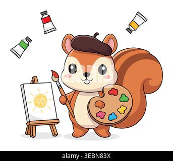 Cute Cartoon Artist Squirrel Character Painting on Canvas with Paint Palette and Brushes Stock Vector