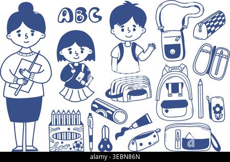 Cute Back to School Doodle Set. Teacher, Pupils Boy Girl, Backpacks and Stationery. Vector Illustration. Isolated Blue Line Art Hand Drawn on White Stock Vector