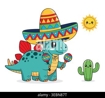 Mexican Dinosaur Character with Sombrero Hat and Maracas Vector Illustration Sun and Cactus Stock Vector