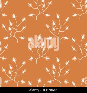 pattern of hand-drawn white physalis branches on terracotta background for cozy autumn home decor, botanical textile design and organic food packaging Stock Vector