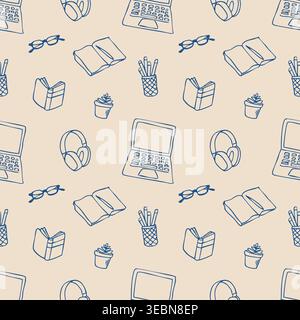 Hand drawn doodle study and workspace seamless pattern with laptop, books and headphones Stock Vector