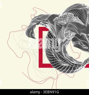 Abstract art composition with wireframe waves, geometric shapes, dots, and lines. Vector Stock Vector