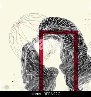 Abstract art composition with wireframe waves, geometric shapes, dots, and lines. Vector Stock Vector