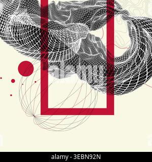 Abstract art composition with wireframe waves, geometric shapes, dots, and lines. Vector Stock Vector