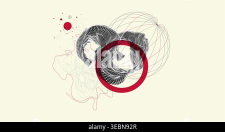 Abstract art composition with wireframe waves, geometric shapes, dots, and lines. Vector Stock Vector