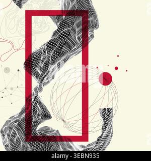 Abstract art composition with wireframe waves, geometric shapes, dots, and lines. Vector Stock Vector