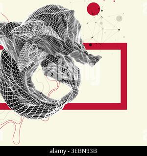 Abstract art composition with wireframe waves, geometric shapes, dots, and lines. Vector Stock Vector