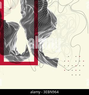 Abstract art composition with wireframe waves, geometric shapes, dots, and lines. Vector Stock Vector