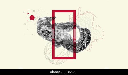 Abstract art composition with wireframe waves, geometric shapes, dots, and lines. Vector Stock Vector