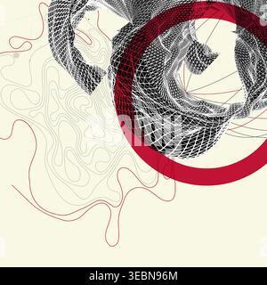 Abstract art composition with wireframe waves, geometric shapes, dots, and lines. Vector Stock Vector