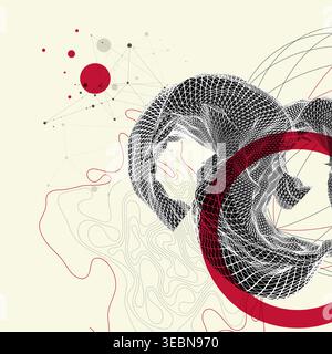 Abstract art composition with wireframe waves, geometric shapes, dots, and lines. Vector Stock Vector