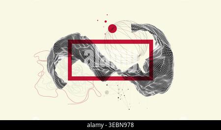 Abstract art composition with wireframe waves, geometric shapes, dots, and lines. Vector Stock Vector