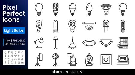 Light bulb, equipment line icons set. Fluorescent, LED, incandescent, smart ring, softbox, lava lamp flat minimal vector illustrations. Simple outline Stock Vector