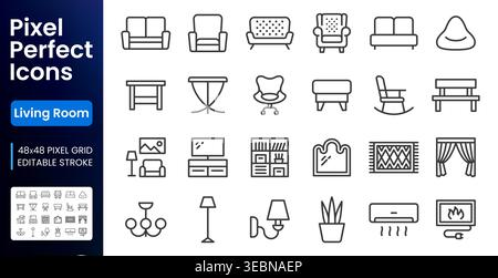 Living room furniture line icons set. Sofa, leather armchair, fireplace, bookshelf, curtains, TV stand, rug flat minimal vector illustrations. Simple Stock Vector