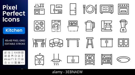 Kitchen furniture, appliances line icons set. Stove, refrigerator, microwave, coffee maker, dining table flat minimal vector illustrations. Simple Stock Vector