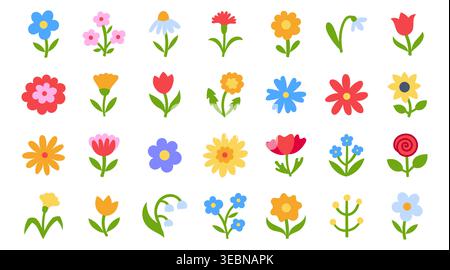 Flat vector flower icon set, naive Scandinavian folk art. Colorful collection of hand drawn field blossom - rose, tulip, sunflower, daisy, poppy Stock Vector