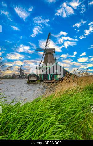 Iconic wooden windmills and rural heritage in Zaanse Schans Stock Photo